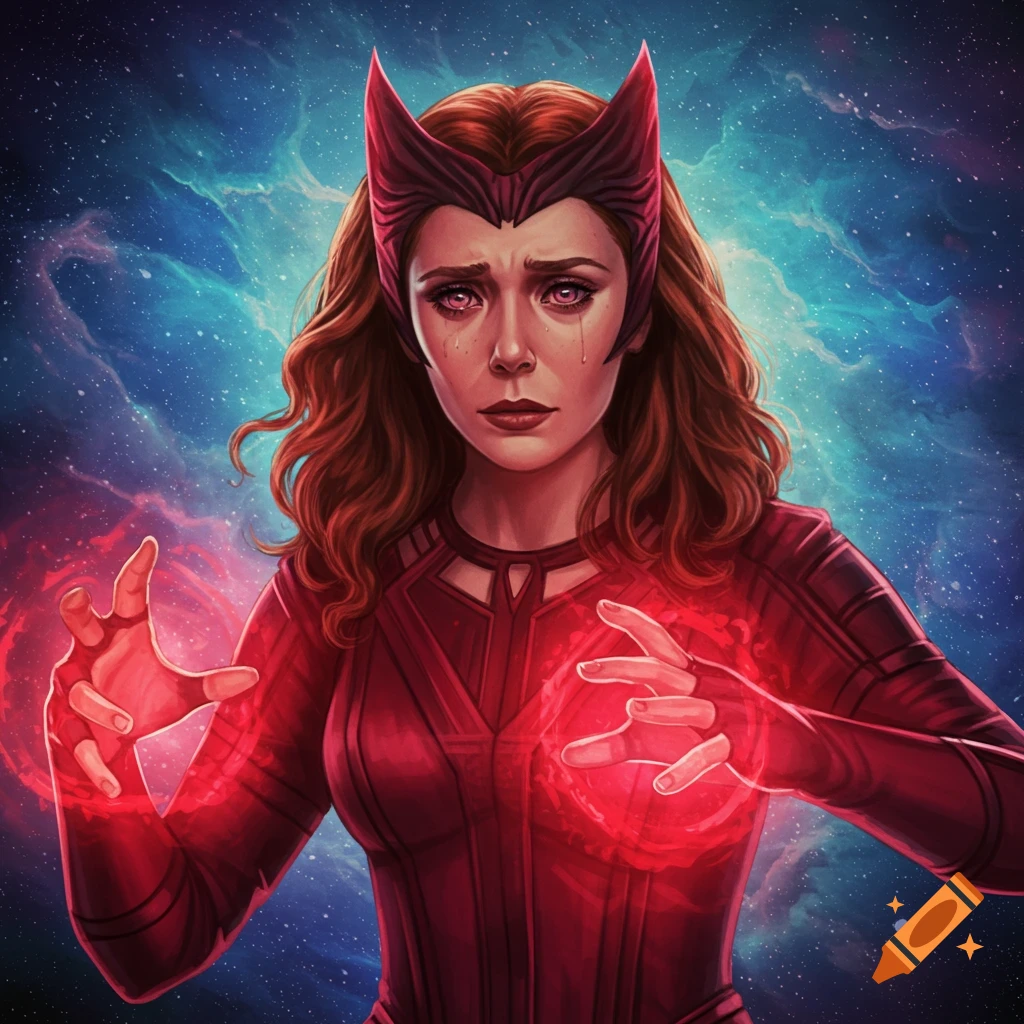 Digital painting of Wanda Maximoff crying and casting red magic against a space background.