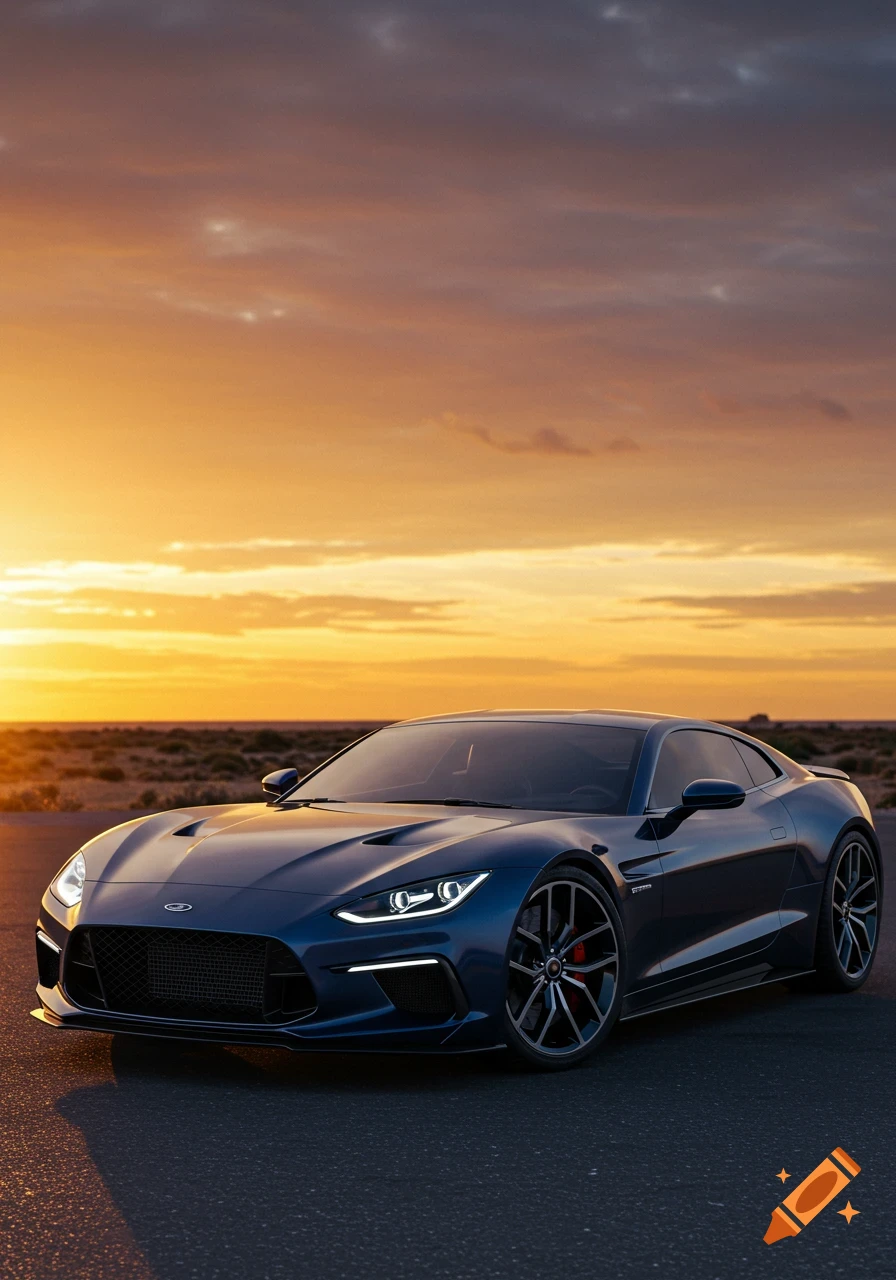A blue sports car parked on a road at sunset.