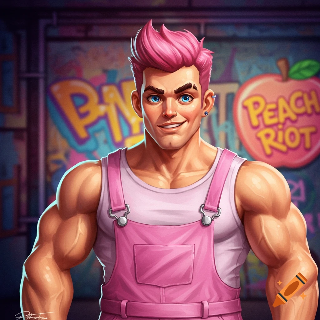 Stylized portrait of a muscular man with pink hair and pink overalls smiling in front of graffiti.