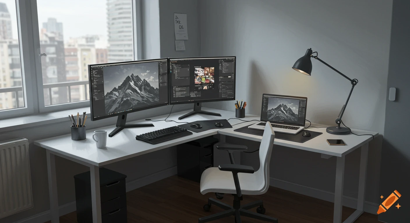 A corner desk setup with two monitors, a laptop, and a chair overlooking a city view from a window.
