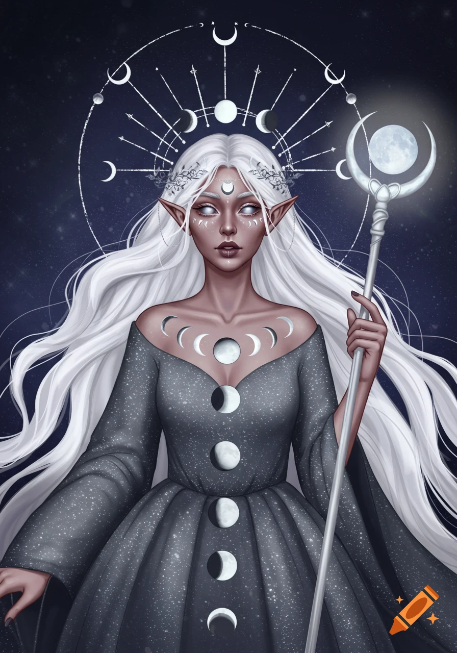 A portrait of a moon goddess with white hair, moon-phase eyes, a crescent moon crown, and a moonstone staff, against a starry background.