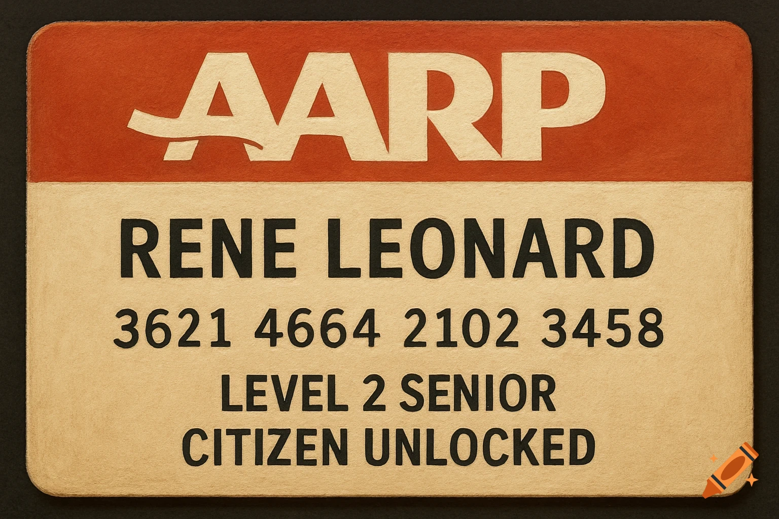 An AARP-like membership card with the name Rene Leonard, numbers, and the phrase 'Level 2 Senior Citizen Unlocked'.
