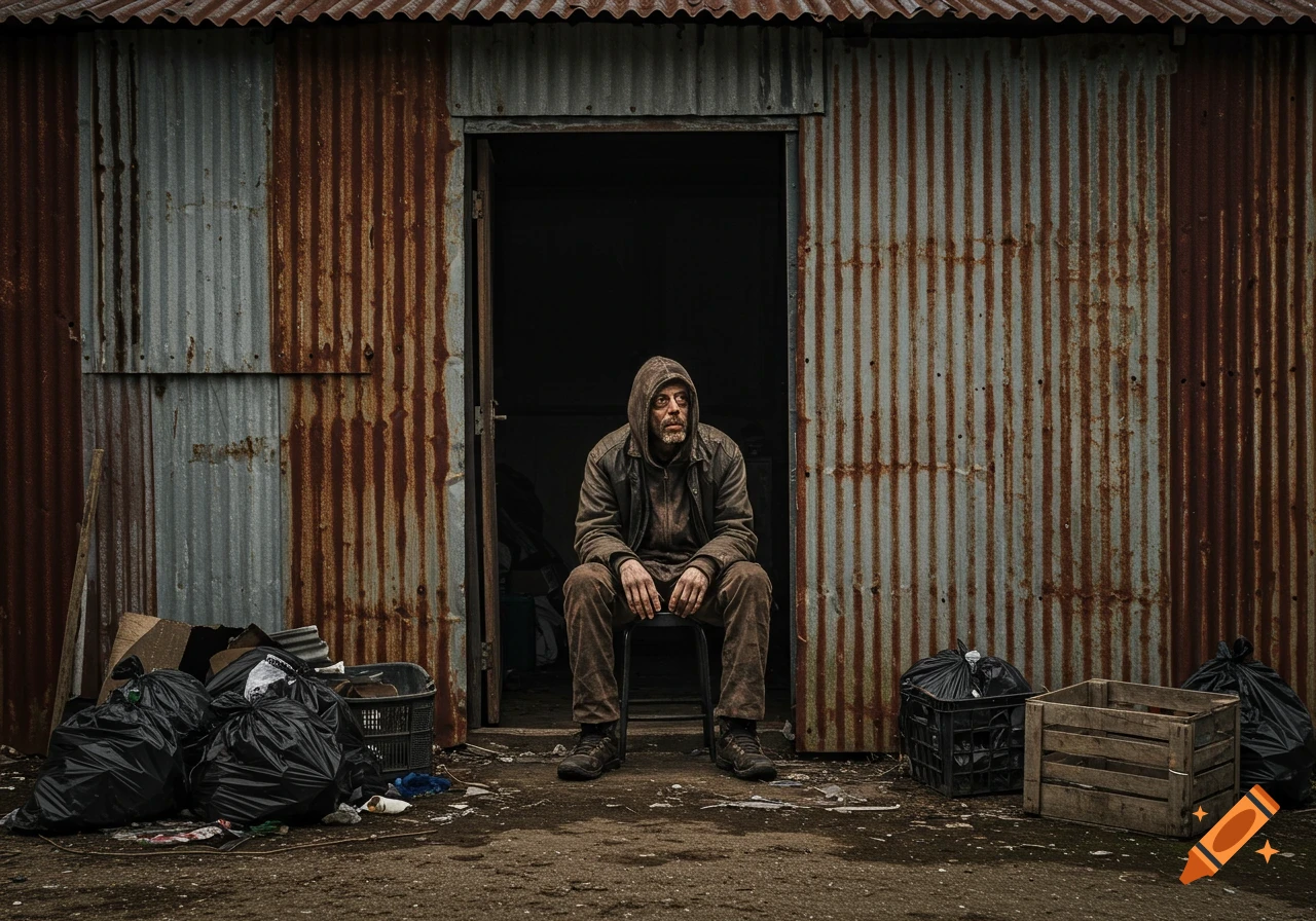 A man in dirty clothes sits in the doorway of a rusty shed surrounded by trash. Photorealistic.