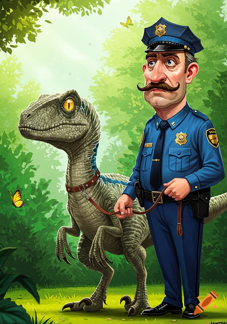 A cartoon illustration of a policeman walking a velociraptor on a leash in a park.