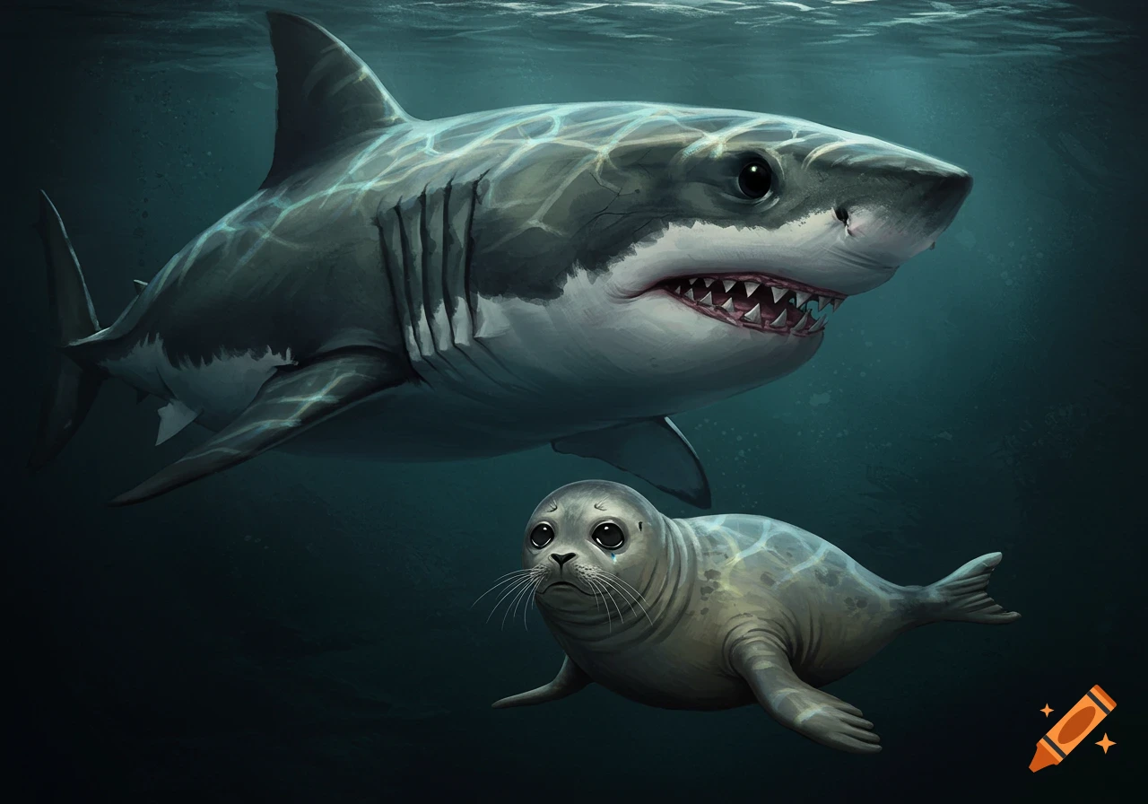 A great white shark swims above a sad-looking seal underwater.