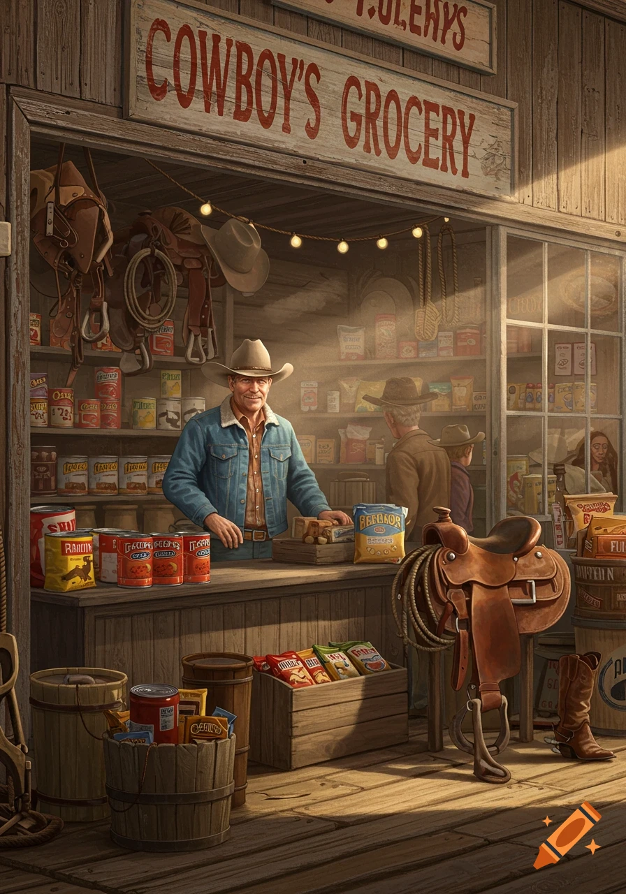 Illustration of a smiling cowboy standing behind the counter of a grocery store filled with canned goods, bags, and western tack.