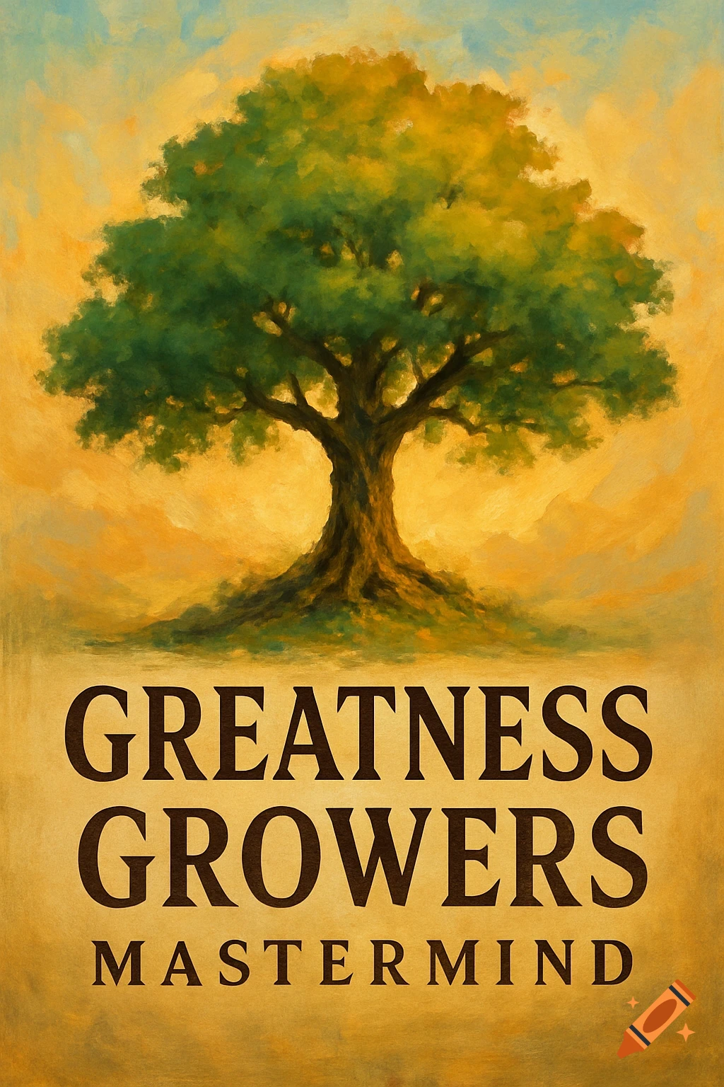 Painting of a large tree above text 'GREATNESS GROWERS MASTERMIND' on a warm background.