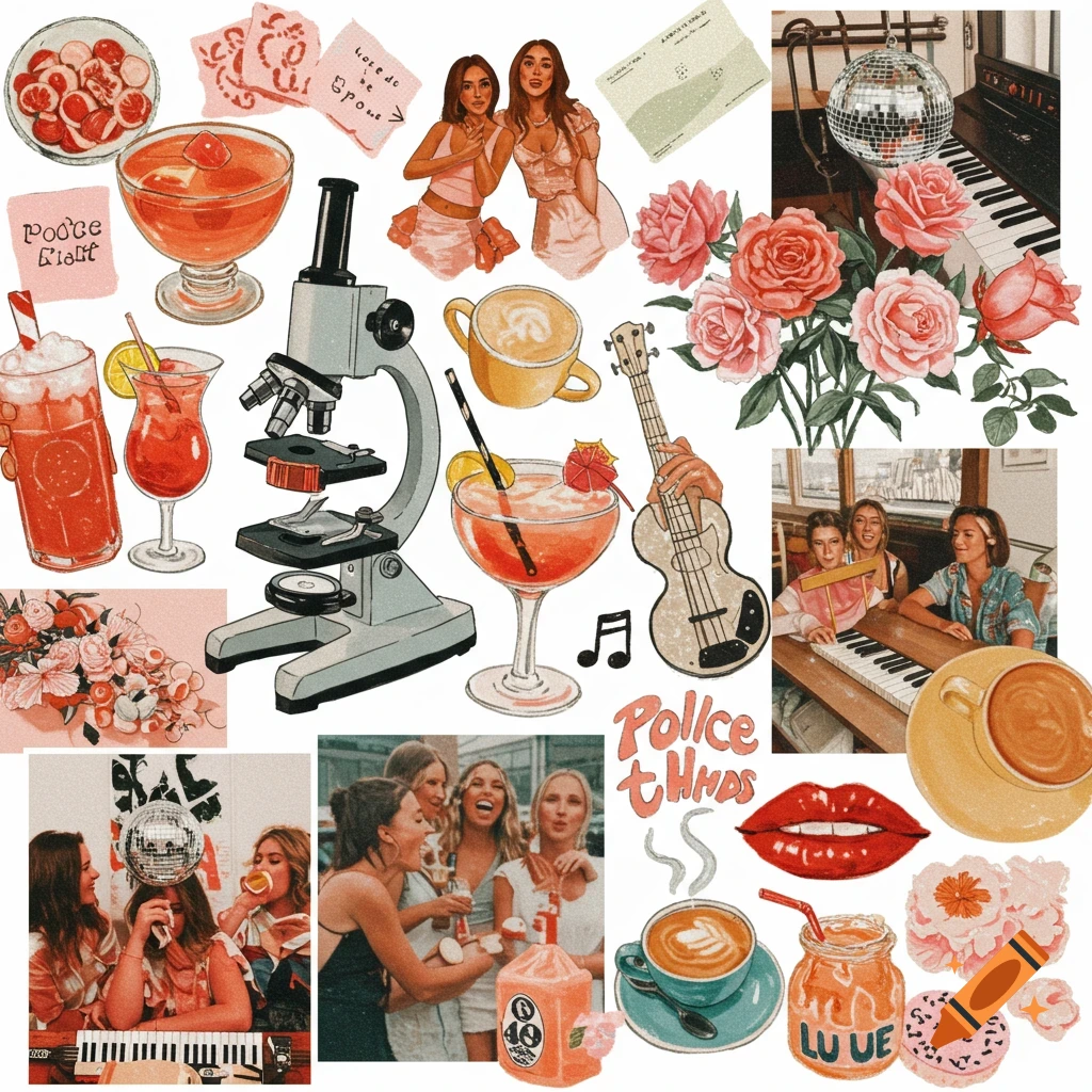 A busy collage featuring cocktails, flowers, a microscope, disco balls, coffee, friends, music elements, and scattered text.