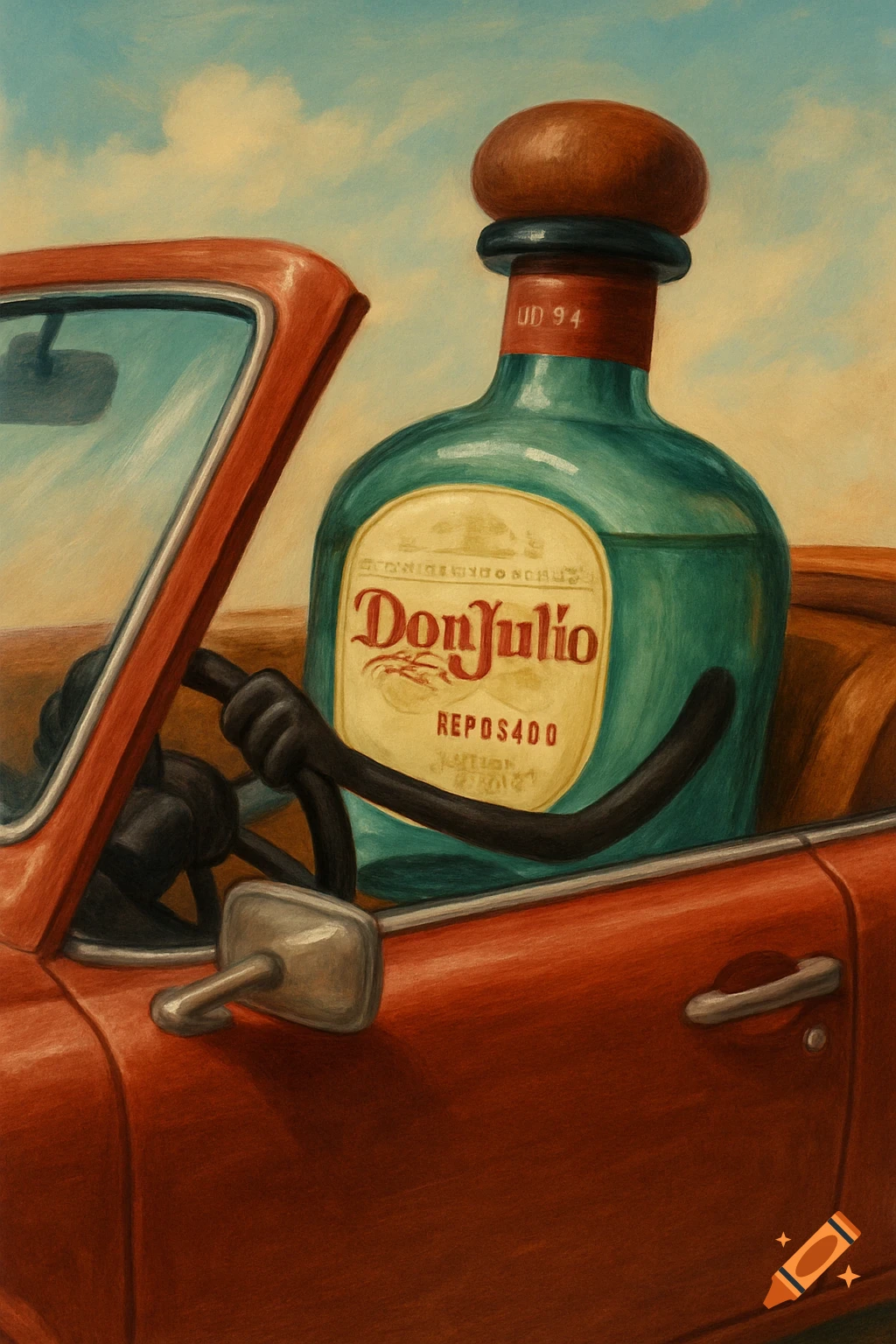 Illustration of a Don Julio bottle with arms driving a red convertible car