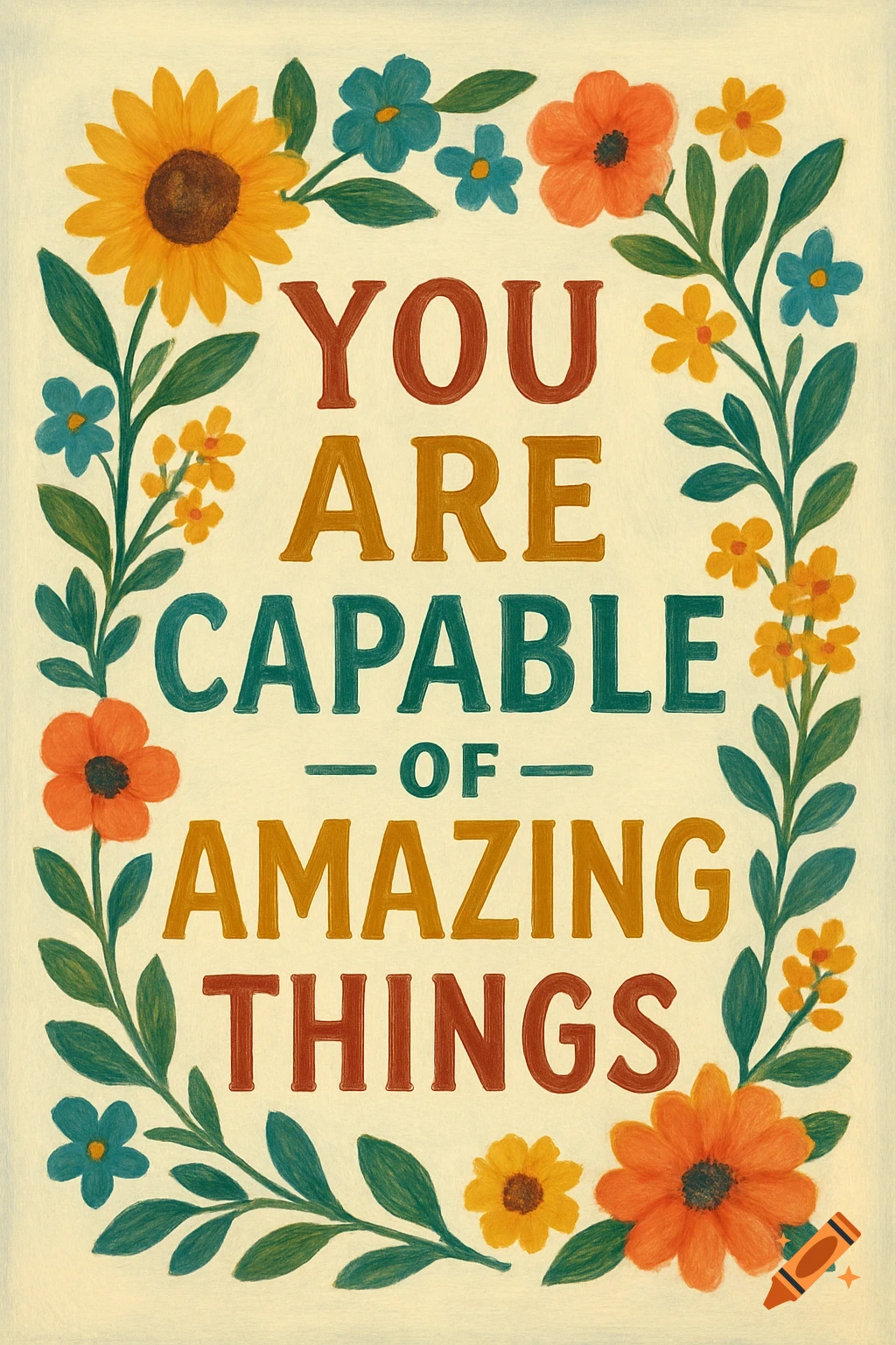 Inspirational poster with floral border. Text reads 'YOU ARE CAPABLE OF AMAZING THINGS' in red, gold, and teal letters.