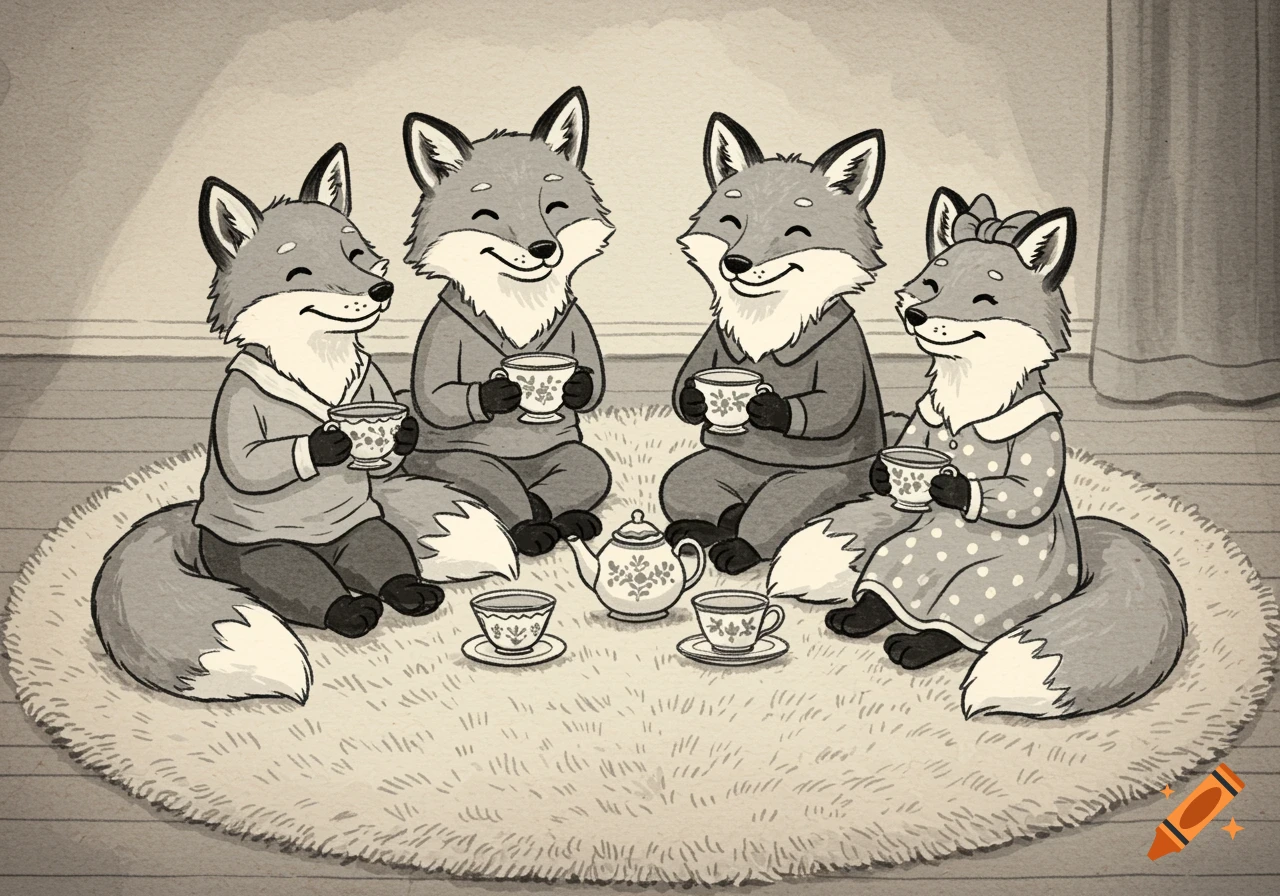 Black and white cartoon drawing of four smiling foxes sitting on a rug and drinking tea.
