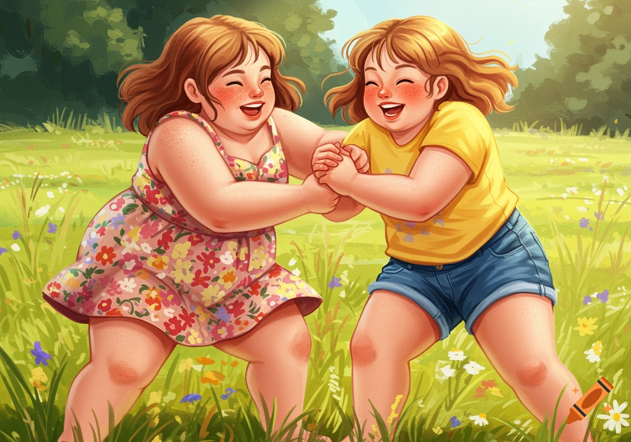 Cartoon Illustration Of Two Chubby Girls Playing In A Sunny Grassy cartoon-illustration-of-two-chubby-girls-playing-in-a-sunny-grassy