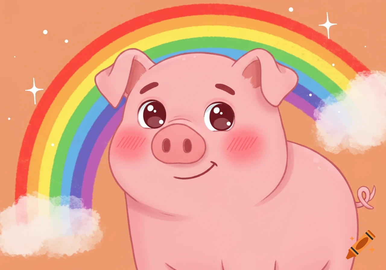 A cute cartoon pig smiles in front of a bright rainbow.