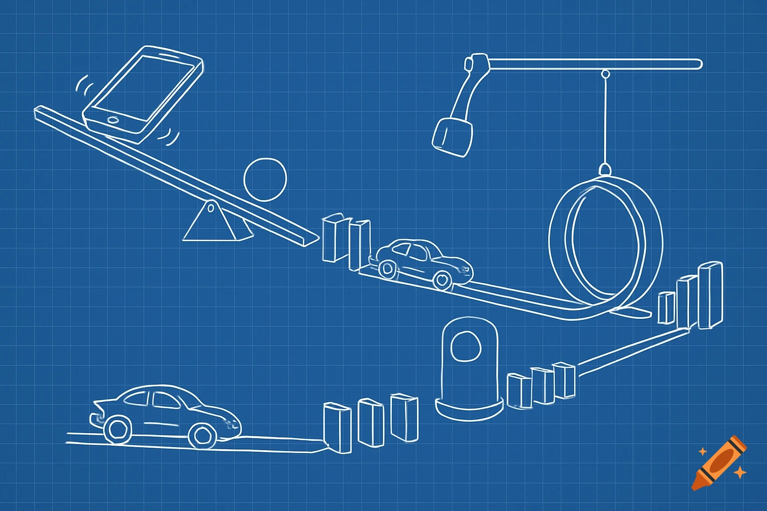 Blueprint illustration of a Rube Goldberg machine with phone, seesaw, cars, loop-de-loop, hammer, and dominoes on a blue grid background.
