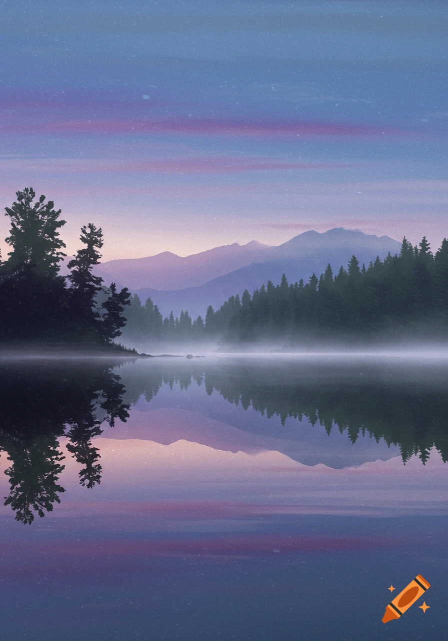 A serene lake reflects trees and mountains during a twilight sky in shades of purple and blue.