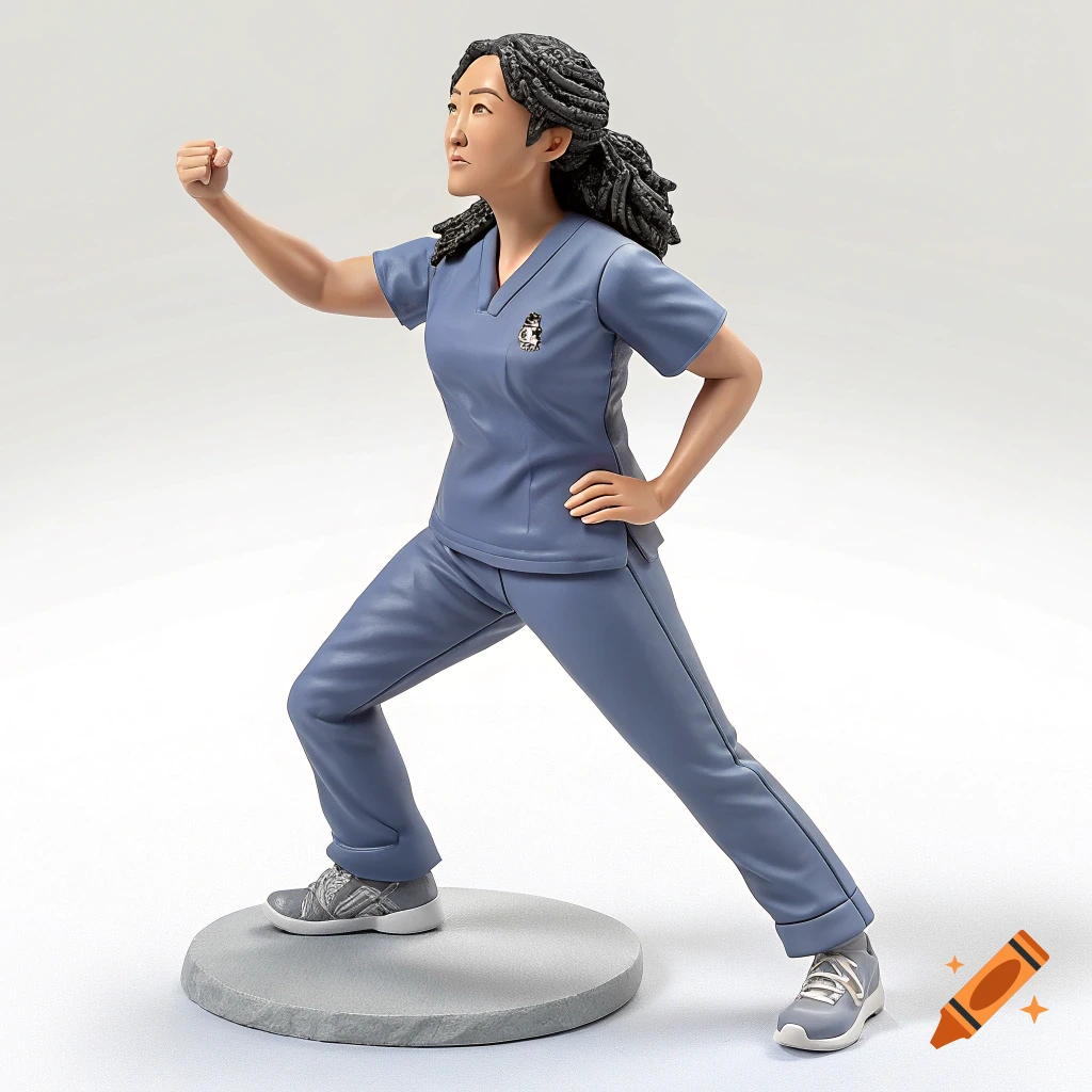 A figurine of a woman in blue scrubs posing like an action figure.