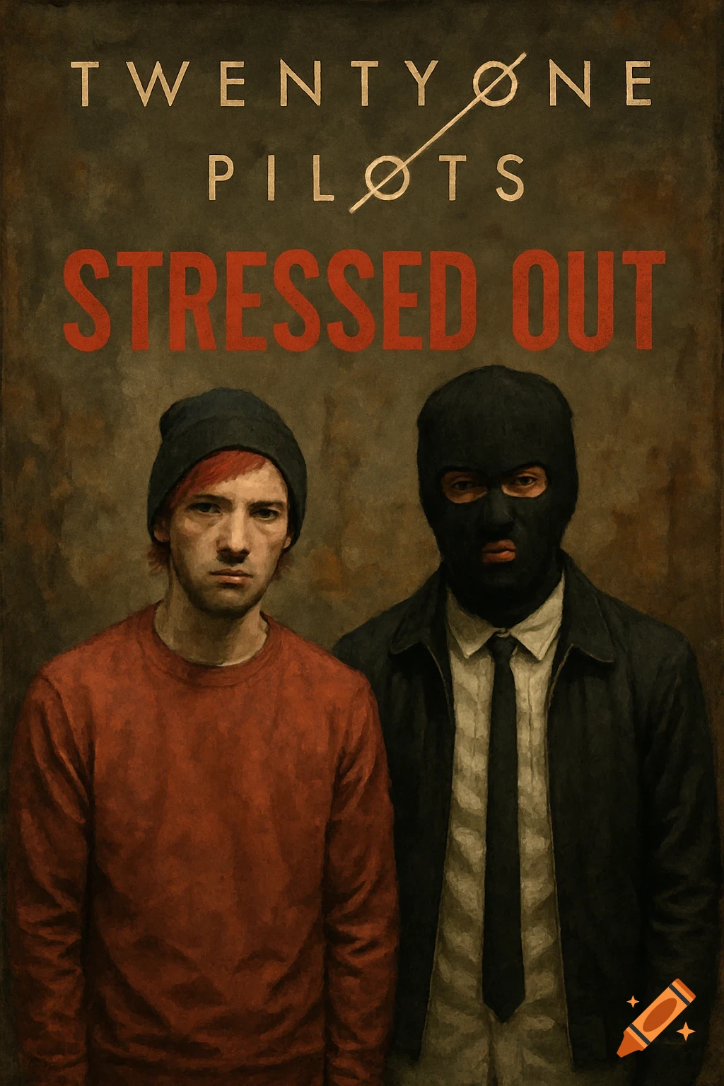 Painted poster art with text 'Twenty One Pilots Stressed Out' and two men, one in a beanie and one in a ski mask.