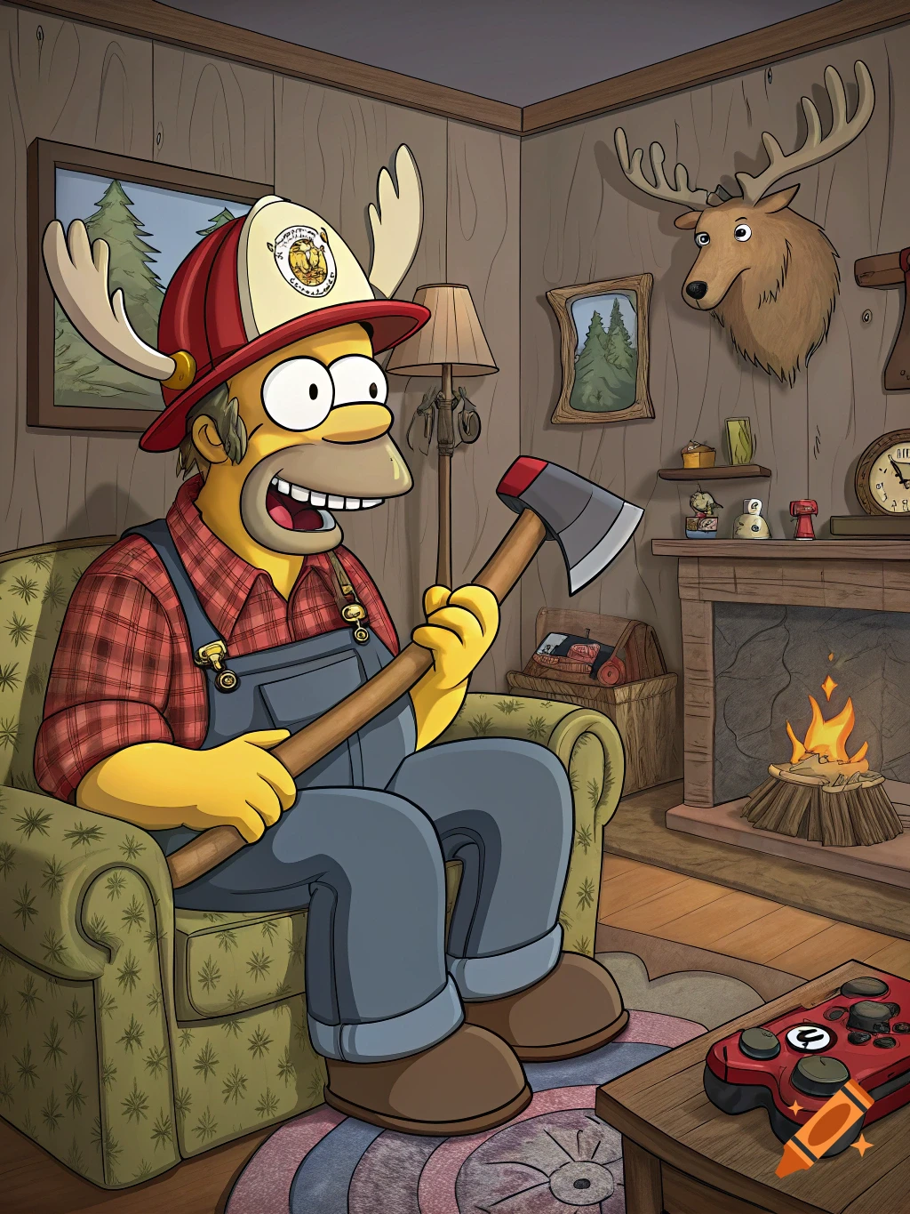Homer Simpson dressed as a lumberjack/firefighter with antlers on his hat, sitting in a rustic room with an axe and game controller.