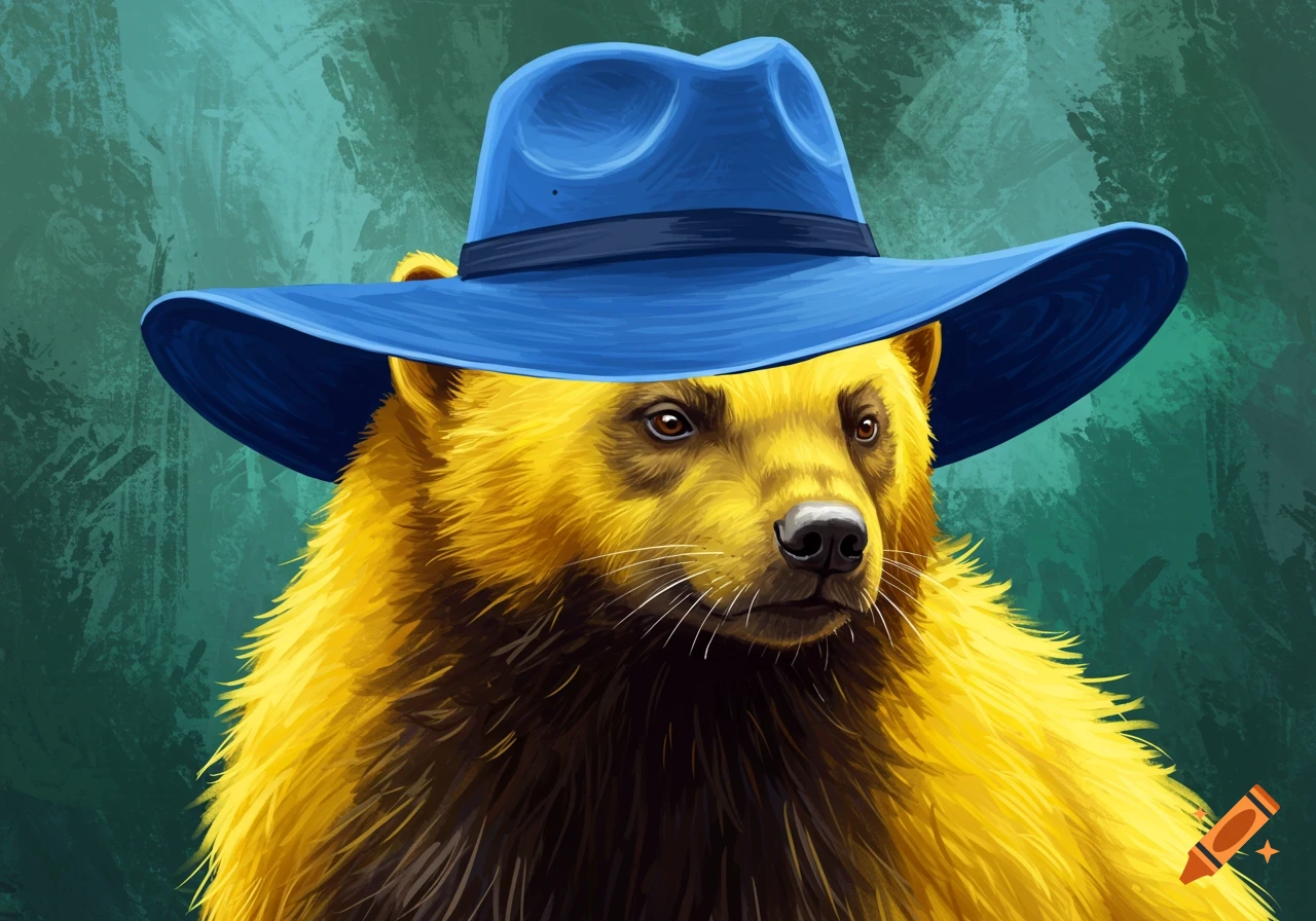 A yellow wolverine wears a blue hat in a digital painting.