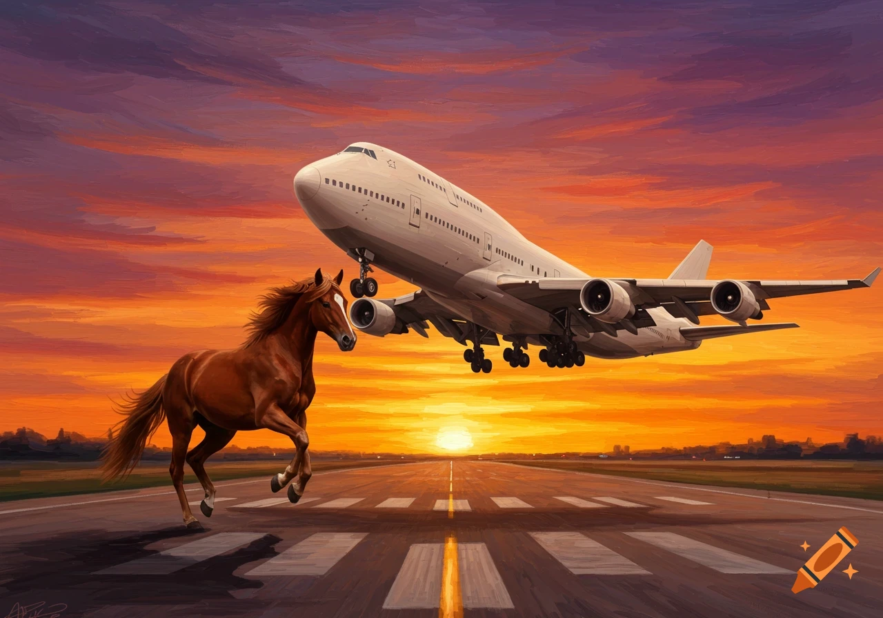 Brown horse gallops on airport runway under a taking-off 747 plane against a vibrant sunset sky. Painting style.