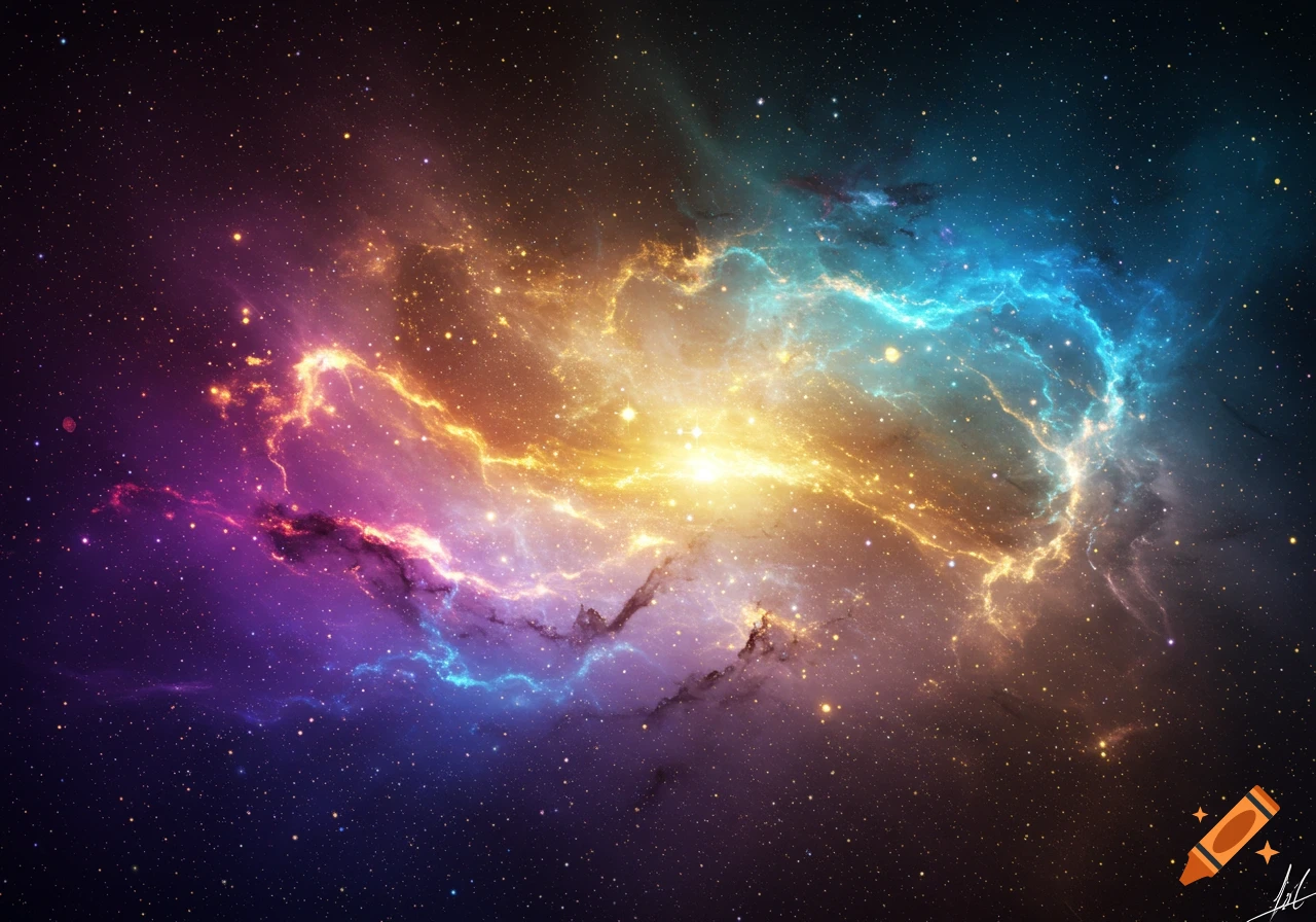 A vibrant nebula in space with colors of gold, orange, purple, and blue.