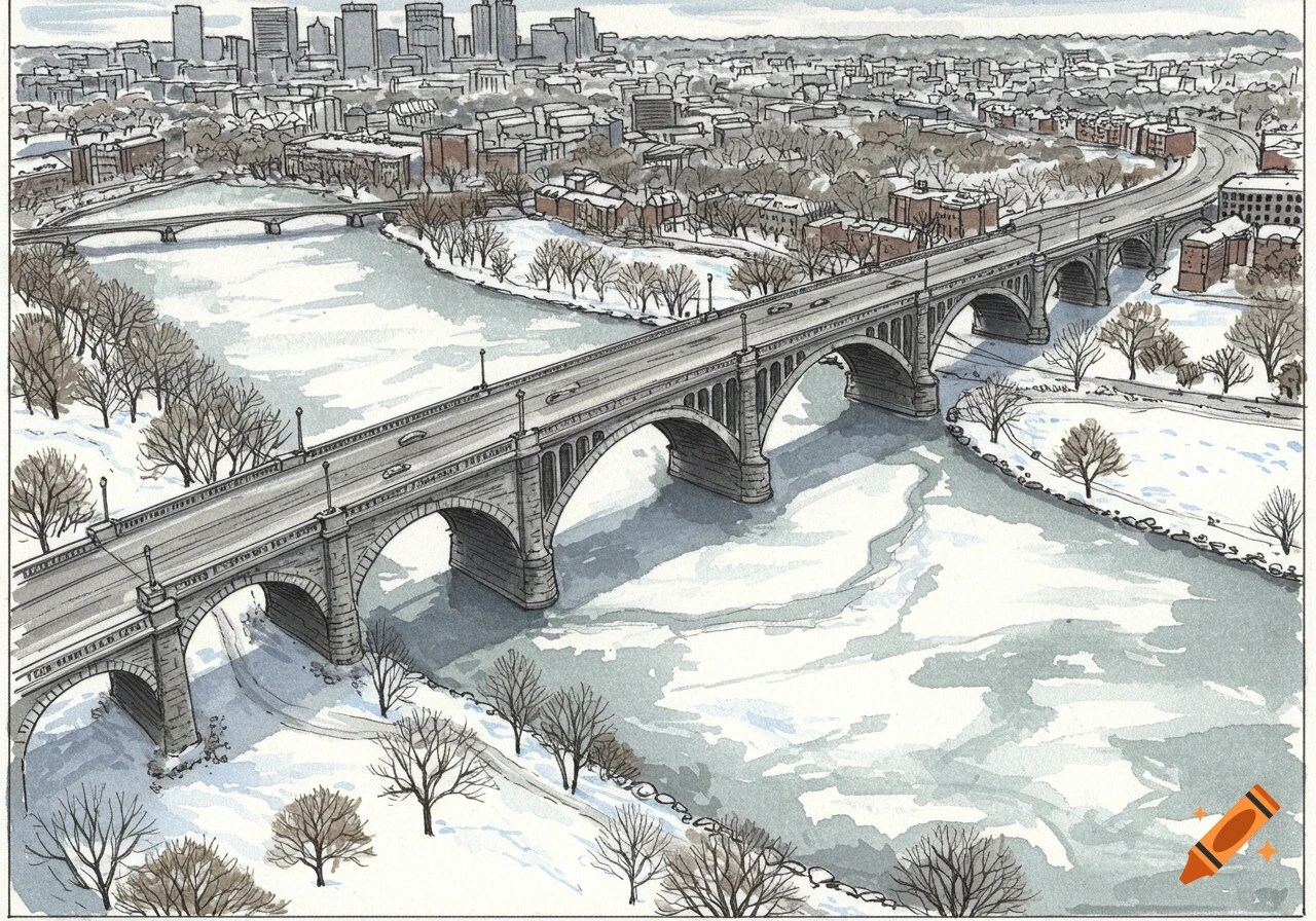 A detailed sketch of a bridge spanning a partially frozen river in winter, with bare trees and a distant city skyline.