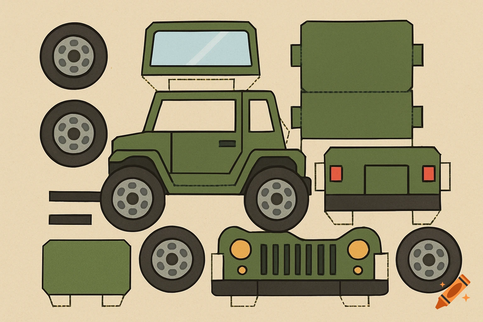 A paper craft template for a green jeep.