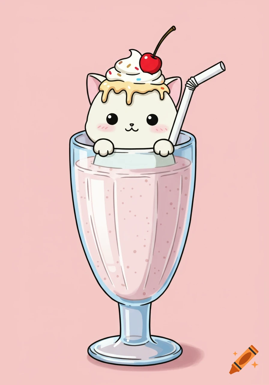 Cartoon kitten sitting in a milkshake glass with cream and cherry.