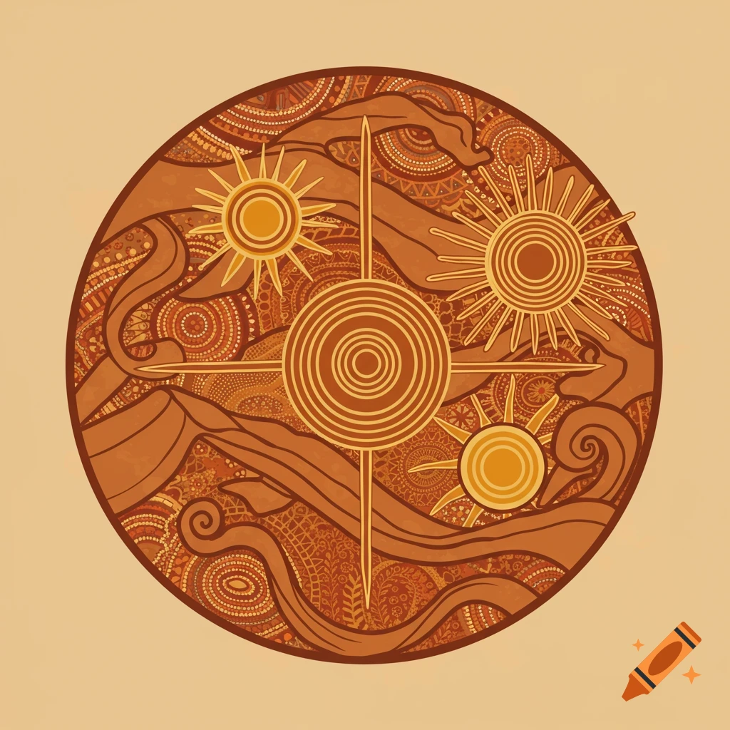 Circular abstract artwork with sun and land symbols in warm tones, blending Aboriginal and Islamic styles.