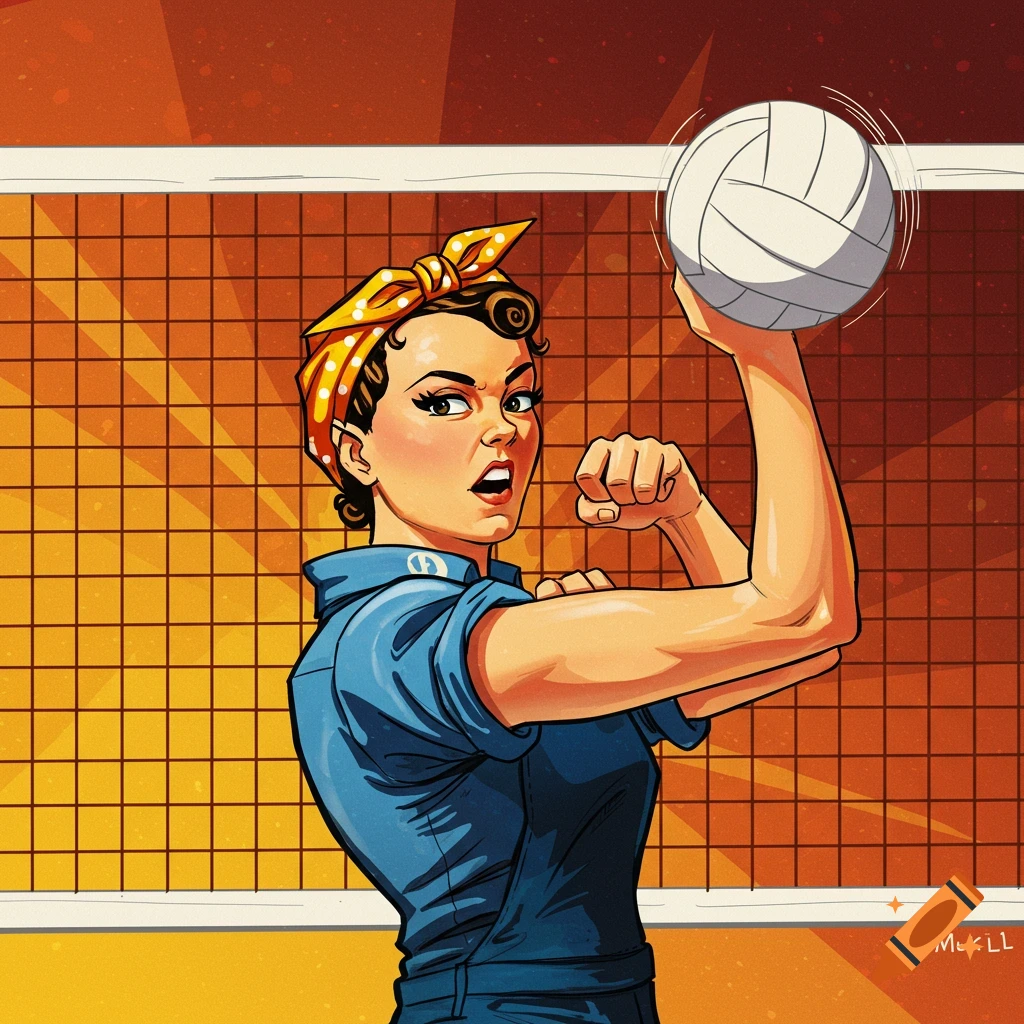Illustration of Rosie the Riveter flexing her bicep while holding a volleyball.
