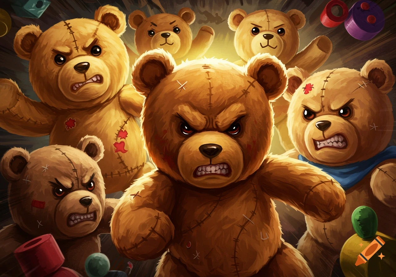 Close-up illustration of several snarling, angry teddy bears with stitches and patches.