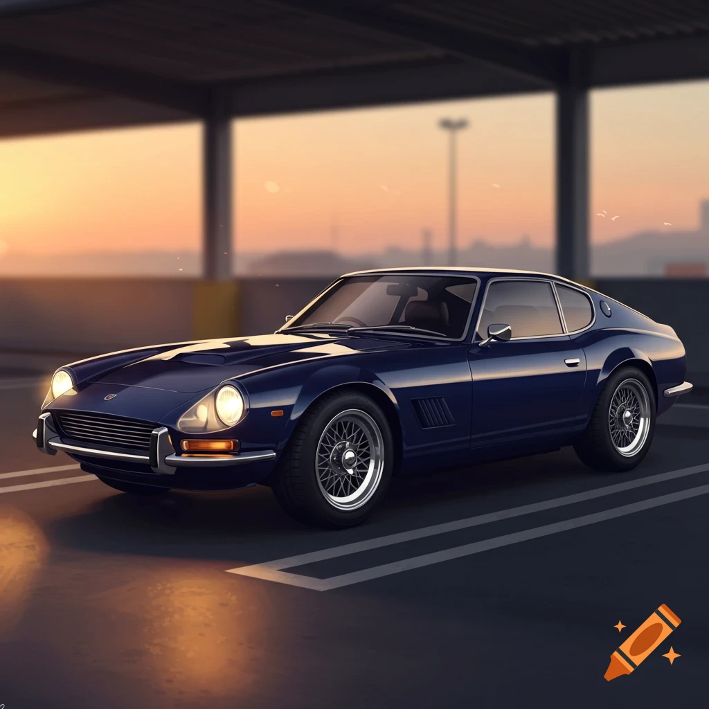 Dark blue classic sports car parked in a lot at sunset, photorealistic style