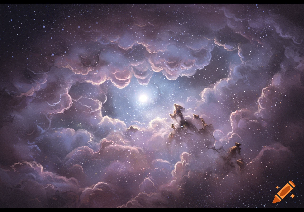 Purple and pink nebula-like clouds with stars and bright light