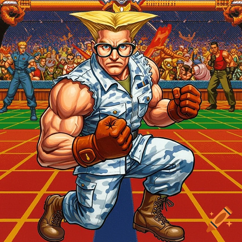 Guile from Street Fighter II wearing Groucho Marx glasses in a fighting arena.