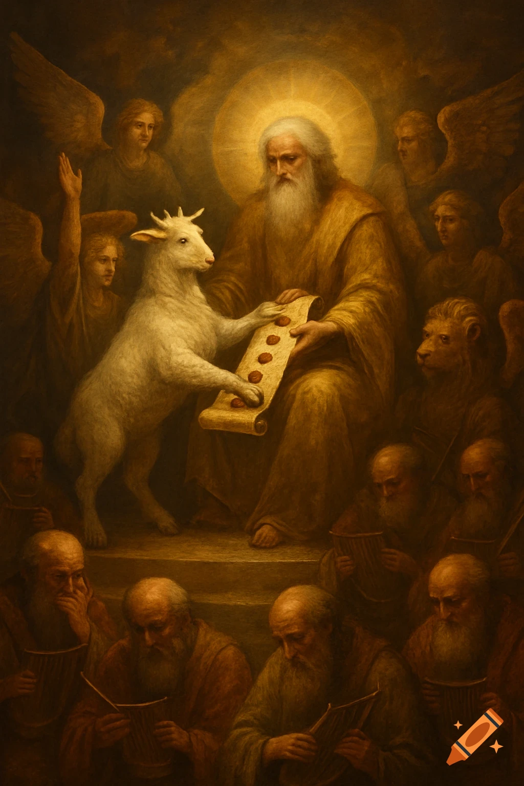 Religious painting of figures surrounding a scroll and a lamb in a golden light.