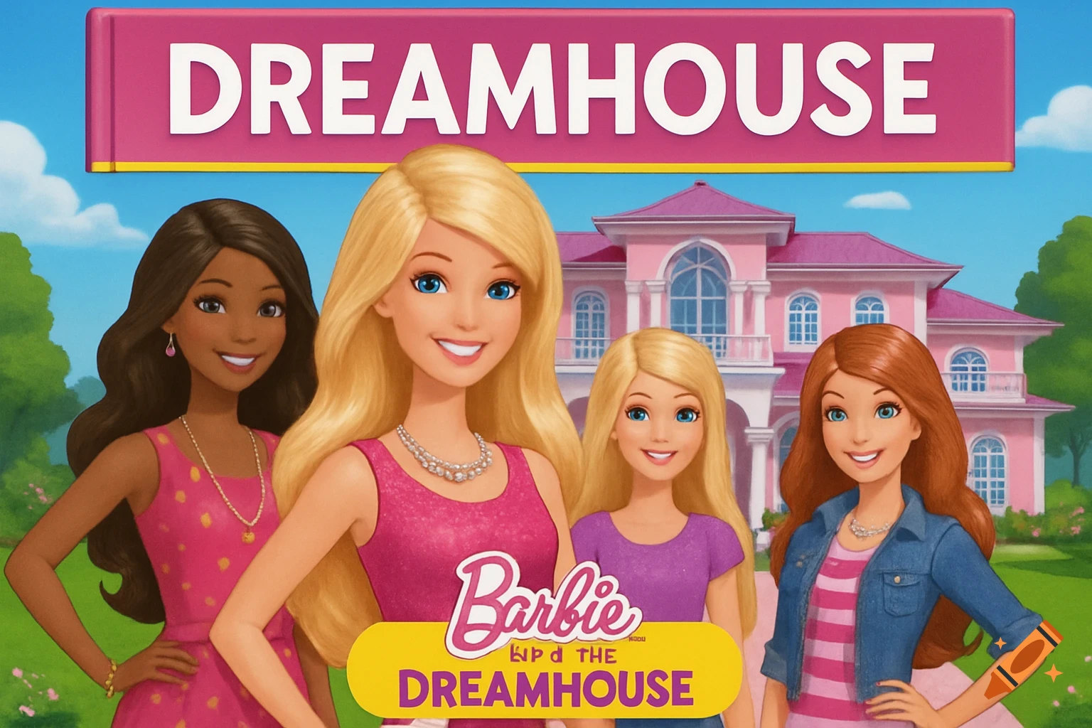 Four animated women resembling Barbie standing in front of a large pink mansion with text.