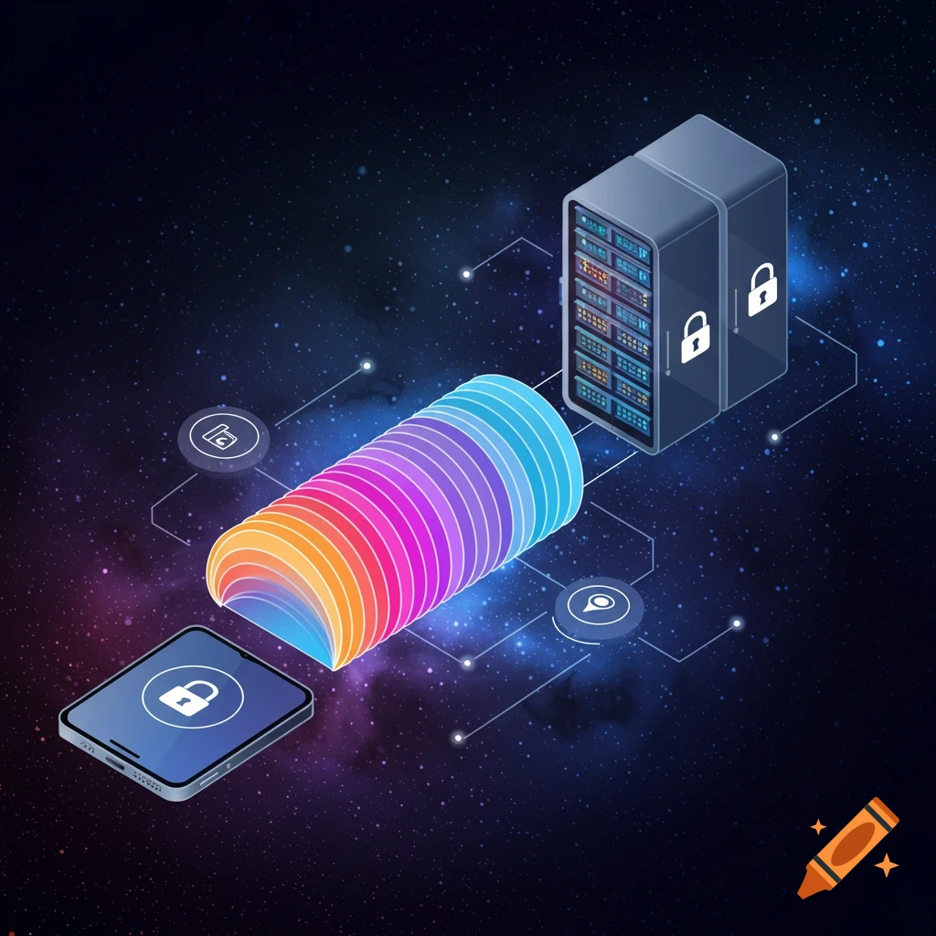 Isometric illustration of a server rack, phone, and data flow with security locks in space.