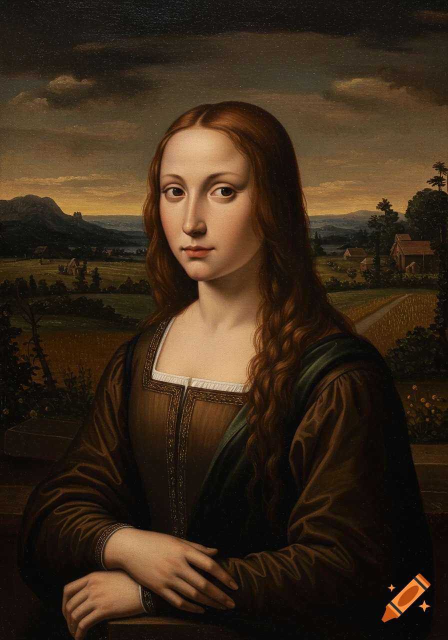 An Italian Renaissance style painting of a woman in a brown dress sitting in a landscape.
