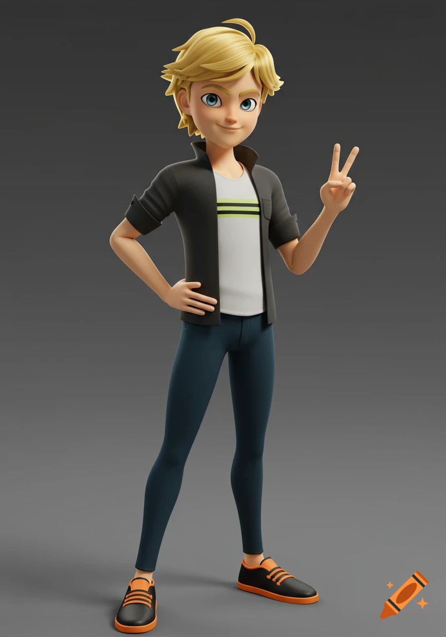 3D render of a blonde boy in a black jacket and white t-shirt giving a peace sign.