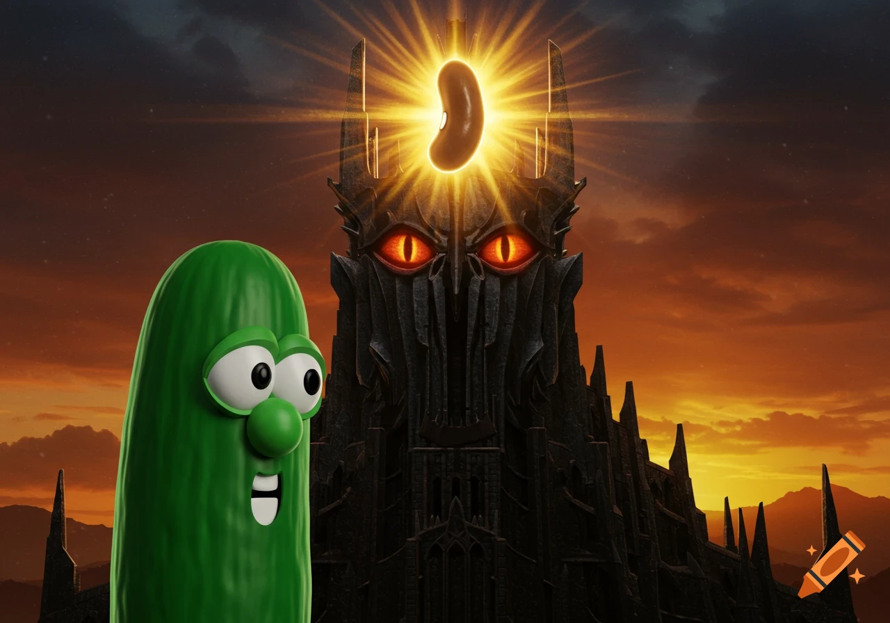 Larry the cucumber stands before the Tower of Barad Dur with a glowing bean where the Eye of Sauron should be.