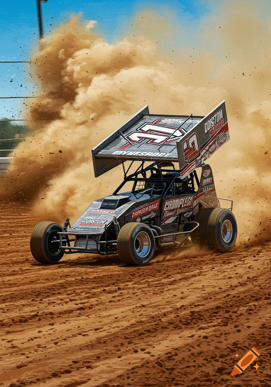 A sprint car kicks up a large cloud of dust while racing on a dirt track.