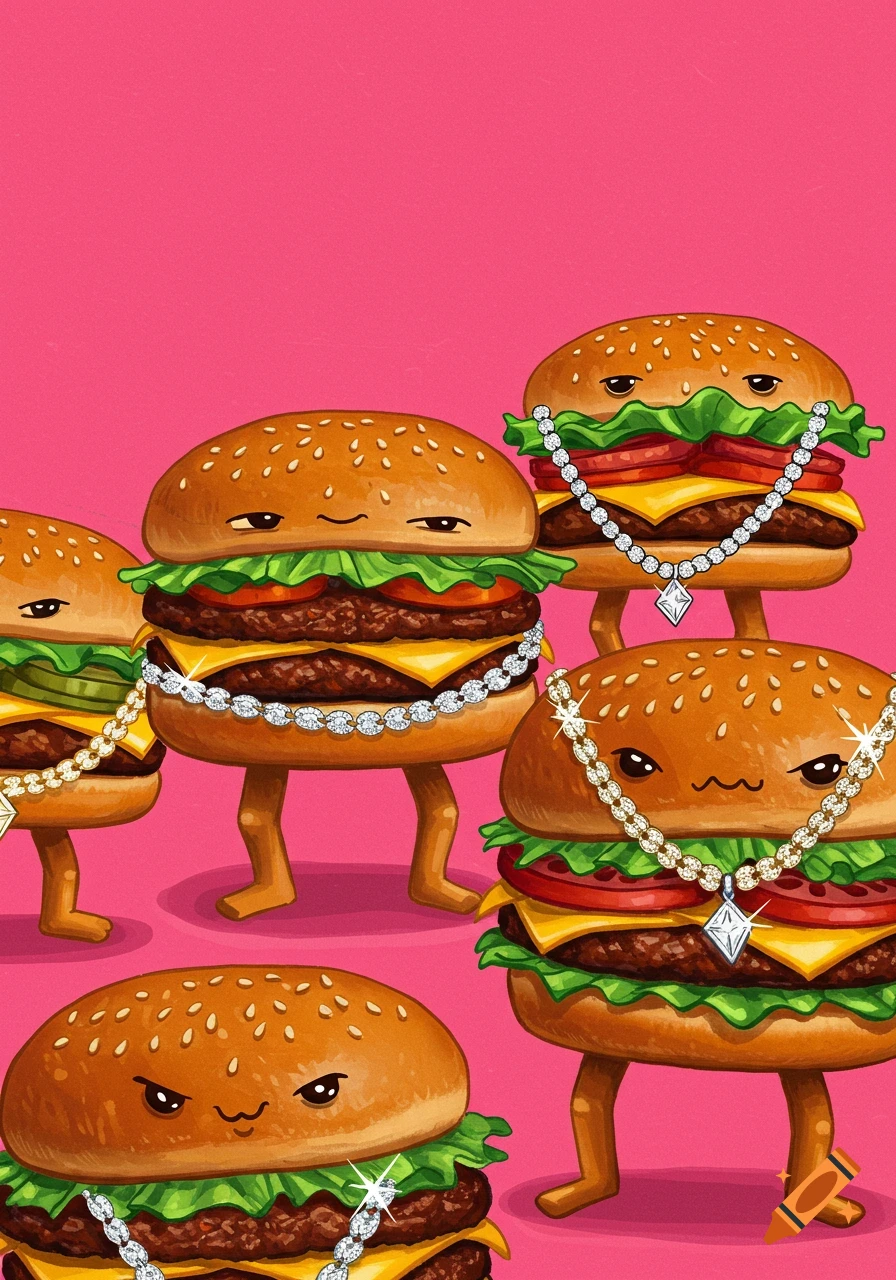 Cartoon hamburgers with legs wear diamond chains against a pink background, illustration style.
