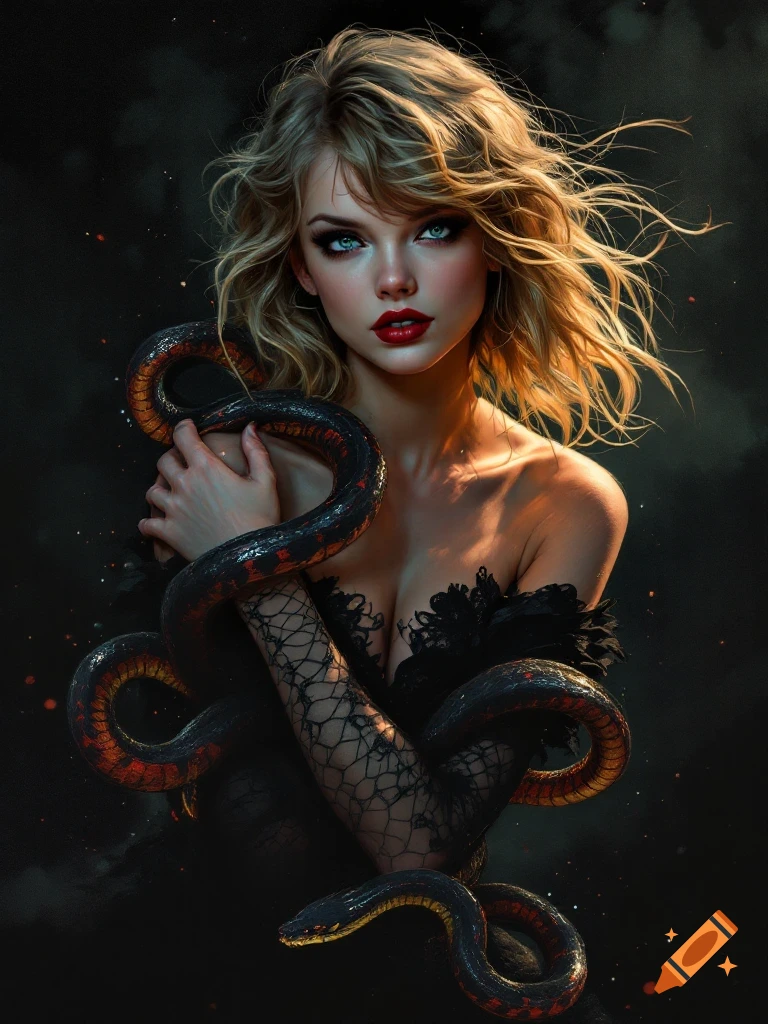 Portrait of a woman with blond hair and red lips holding two snakes in a dark, stylized setting.