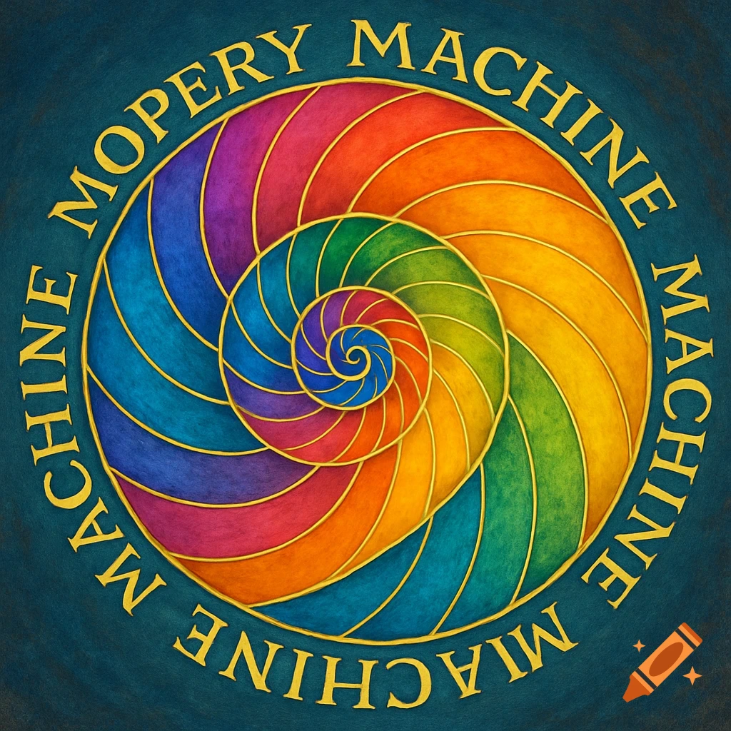 Rainbow colored spiral with gold lines and repeating text Mopery Machine on a blue background.