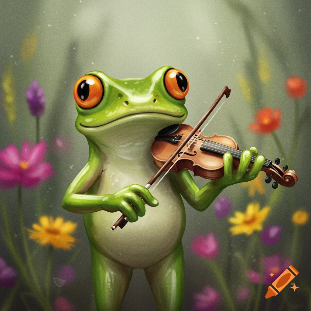 Cartoon frog playing a violin in a field of colorful flowers.