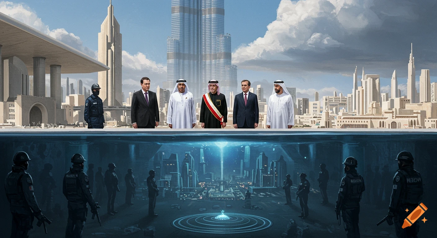 Split image shows officials in a modern city above and security forces in a futuristic underground city below.
