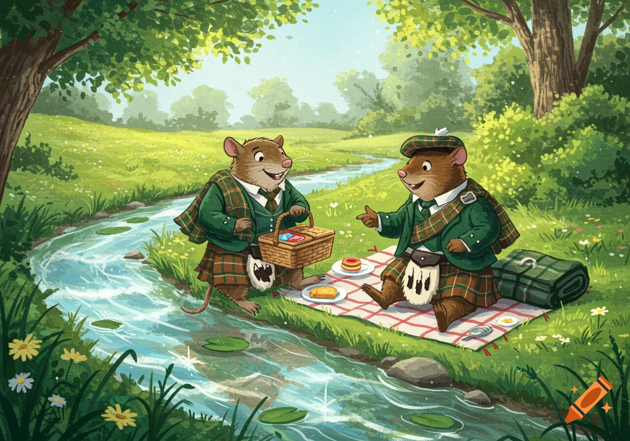 Illustration of two mice in kilts having a picnic by a stream.