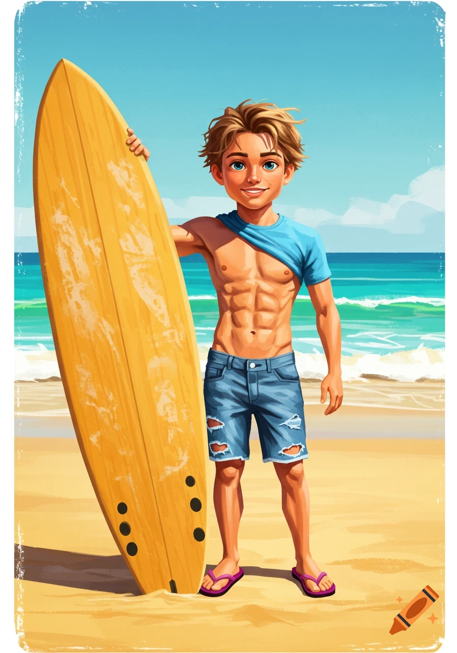 Stylized illustration of a young man with abs holding a yellow surfboard on a sandy beach with waves in the background.