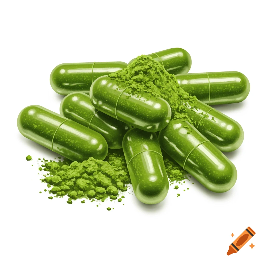 Pile of green capsules and green powder