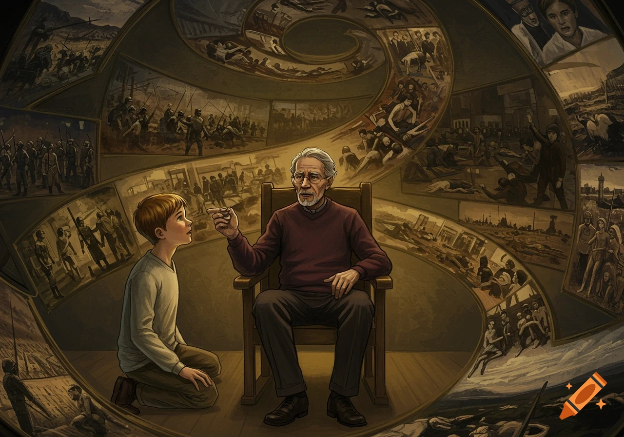 An old man tells stories to a boy, surrounded by a spiral mural depicting scenes of history and conflict.